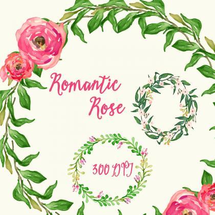 Romantic Roses Wreath, Floral Watercolor Clipart...