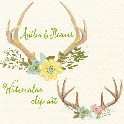 Antlers And Flowers - Watercolor Floral Antlers,..