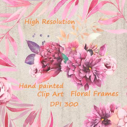 Watercolor Hand Painted Floral Frames Clipart:..