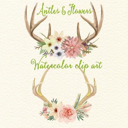 Antlers and Flowers - Watercolor fl..