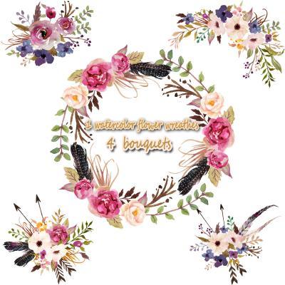 1Watercolor flower wreathes&4 flower bouquet,，Floral Frame PNG, wedding bouquet, arrangement, bouquet, digital paper, green flowers, bridal shower, for blog banner