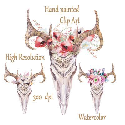 Watercolor tribal scull clip art: &quot;TRIBAL CLIPART&quot; Boho watercolor clipart Tribal bull Bohemian cliparts Flower invites DIY invitations