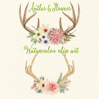 Antlers and Flowers - Watercolor floral antlers, Clip art flowers with deer horn, Wedding floral digital clip art, Watercolor clip art
