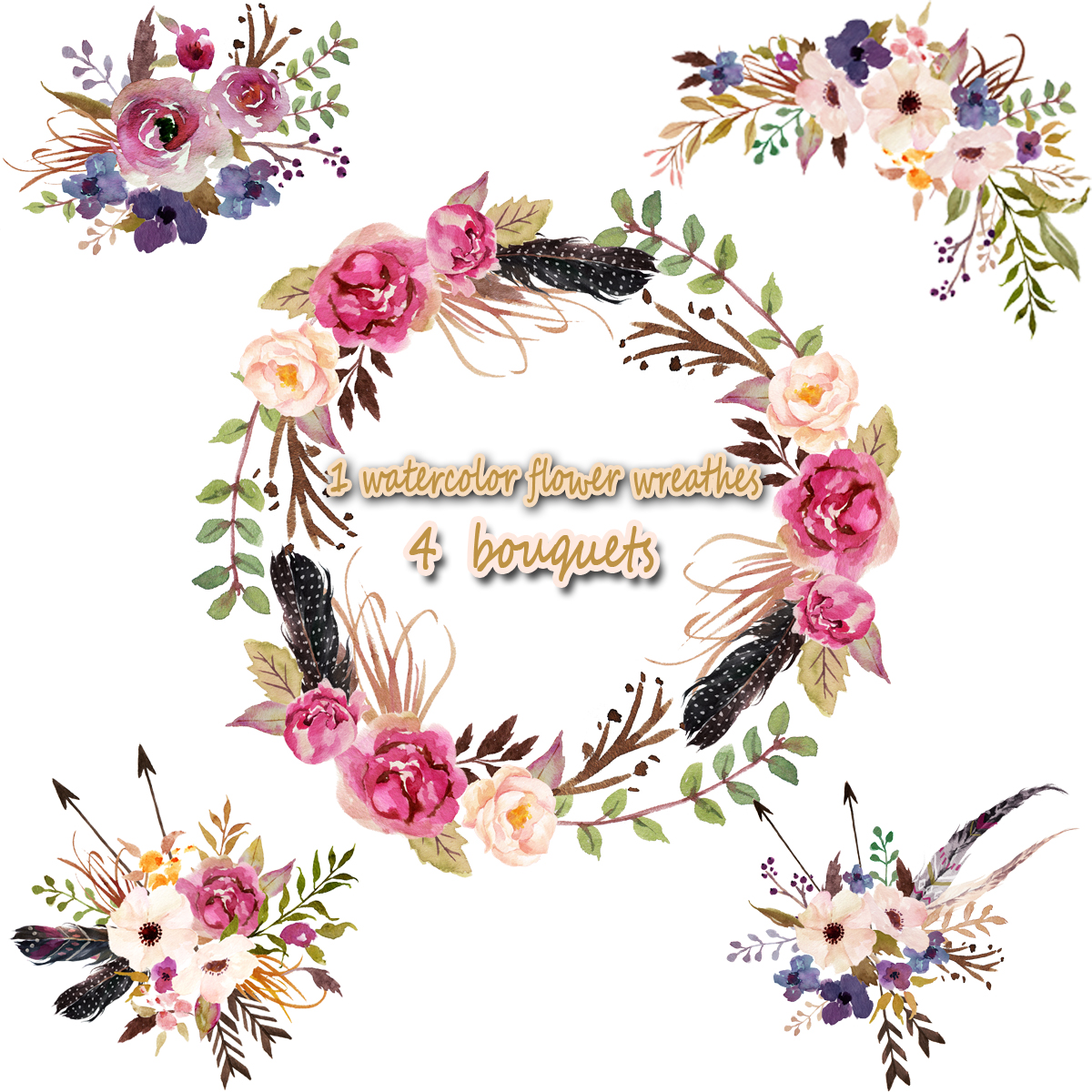 1 Watercolor Flower Wreathes&4 Flower Bouquets，floral Frame Png, Wedding Bouquet, Arrangement, Bouquet, Digital Paper, Green Flowers,