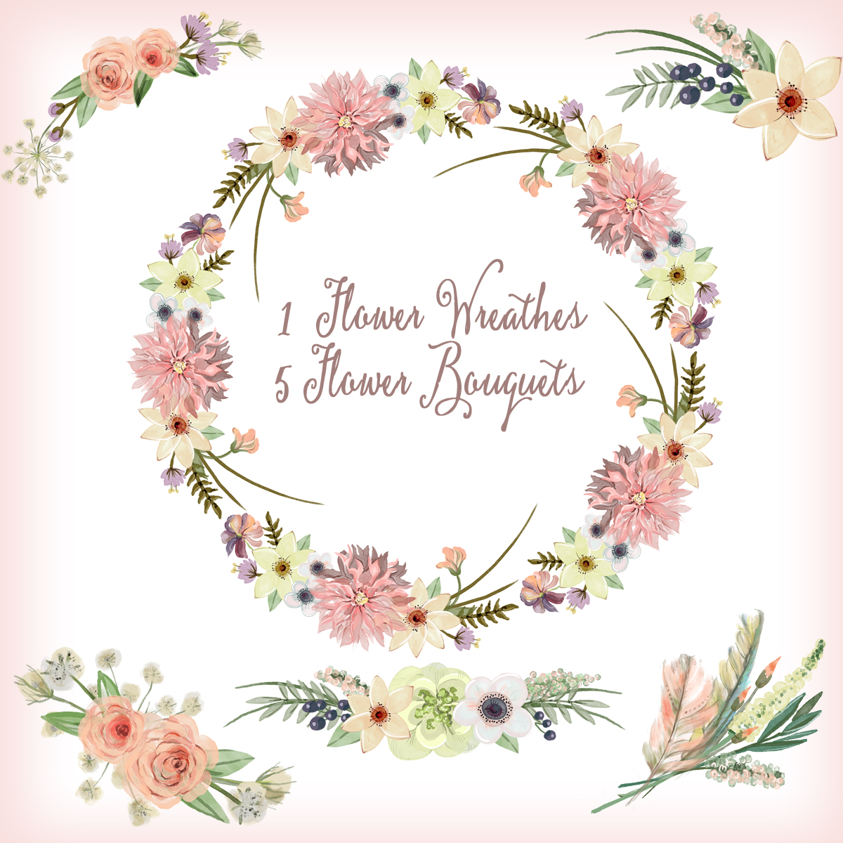 Watercolor hand painted floral frames clipart: "FLORAL WREATHS" pink flowers clipart wedding clipart DIY invite greeting card floral clipart hand painted
