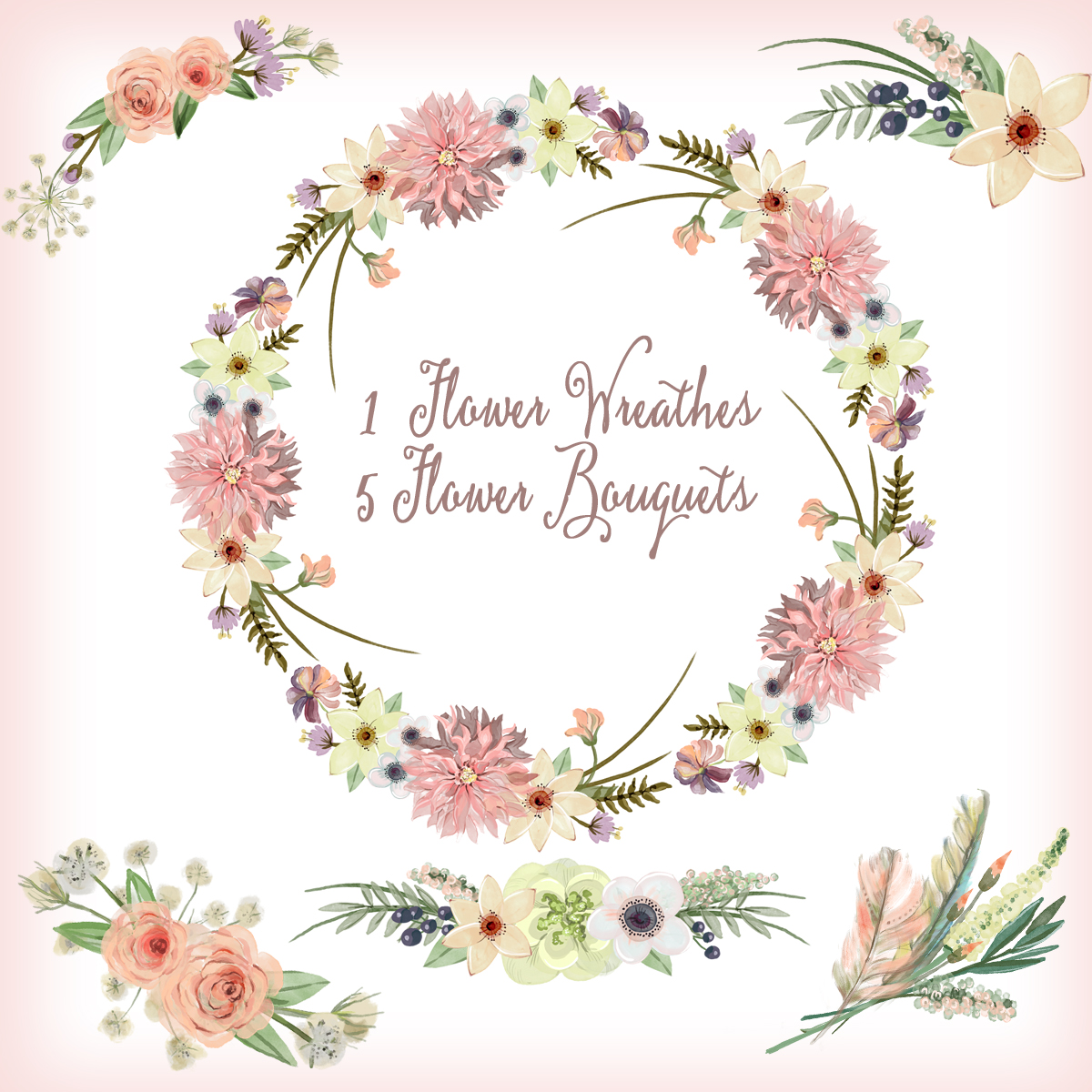 Watercolor Hand Painted Floral Frames Clipart: "floral Wreaths" Pink Flowers Clipart Wedding Clipart Diy Invite