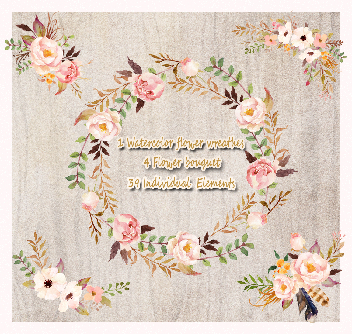 1 Watercolor Flower Wreathes & 4 Flower Bouquet, 39 Individual Elements，floral Frame Png, Wedding Bouquet, Arrangement, Bouquet,