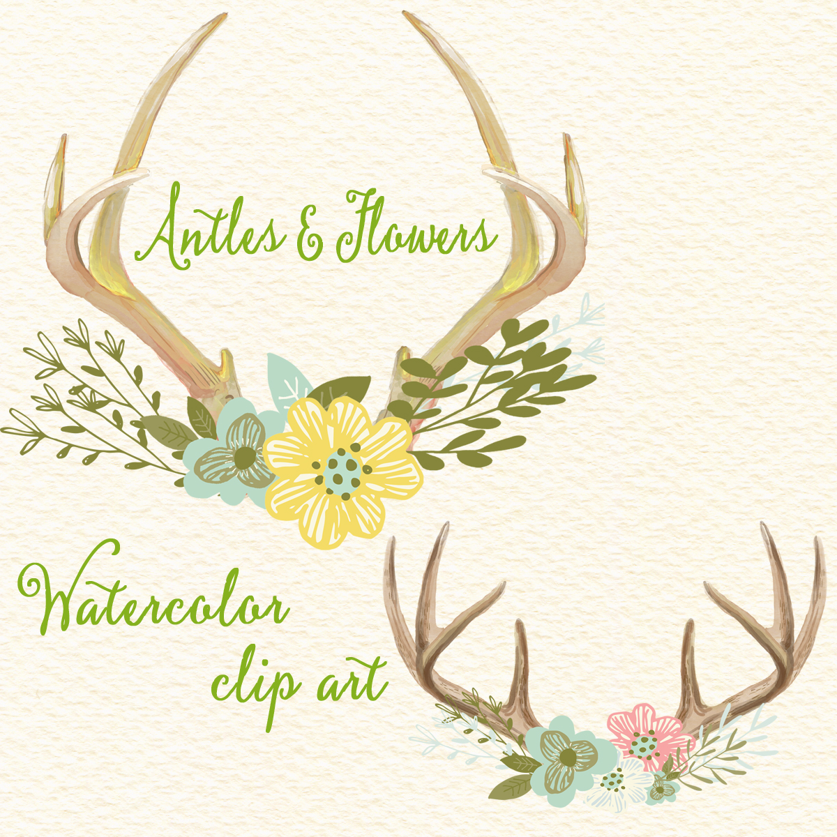 Antlers And Flowers - Watercolor Floral Antlers, Clip Art Flowers With Deer Horn, Wedding Floral Digital Clip Art, Watercolor Clip Art