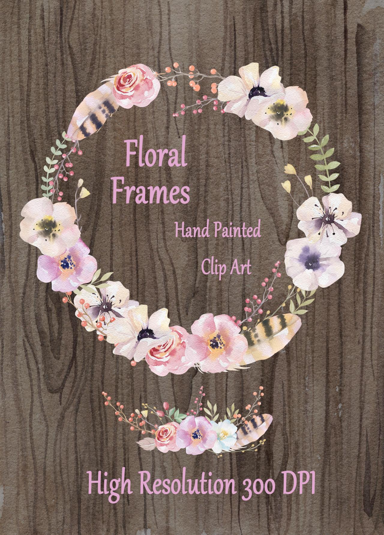 Watercolor Hand Painted Floral Frames Clipart: "floral Wreaths" Pink Flowers Clipart Wedding Clipart Diy Invite Greeting Card