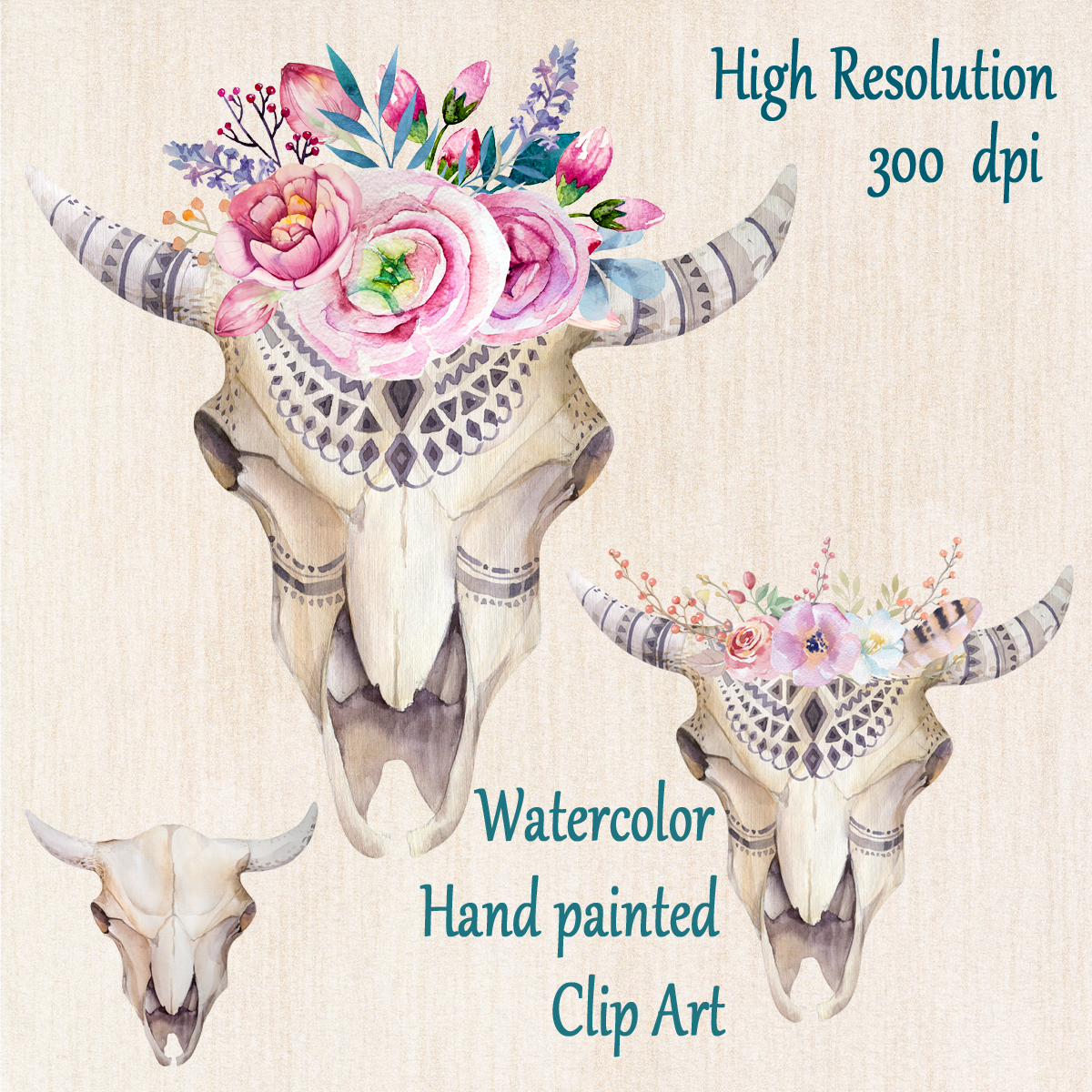 Watercolor tribal scull clip art: 'TRIBAL CLIPART' Boho watercolor clipart Tribal bull Bohemian cliparts Flower invites DIY invitations