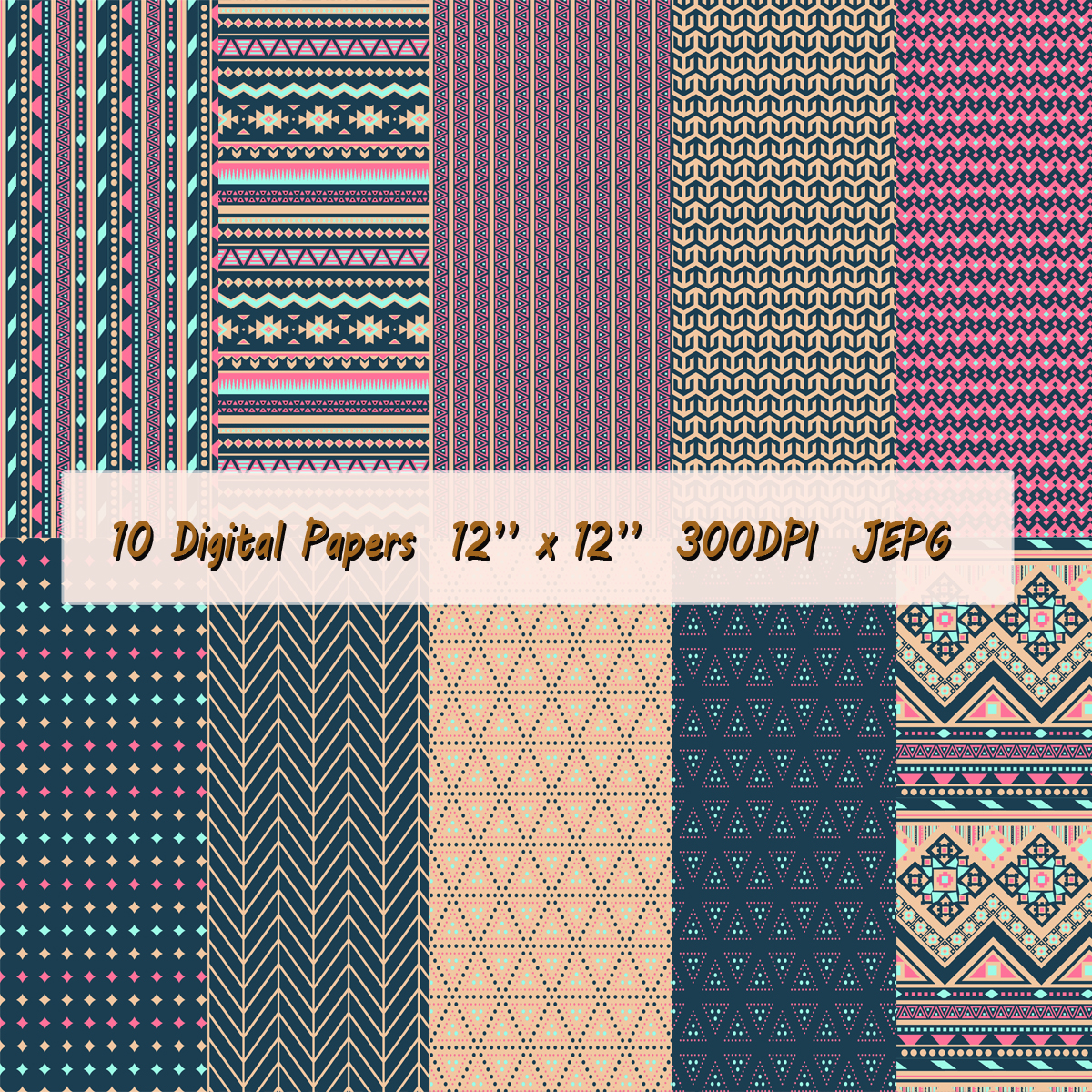 Digital Paper Including Aztec Patterns And Geometric Models In Vibrant Colors: Pink, Dark Blue And Tan, Background,jpeg