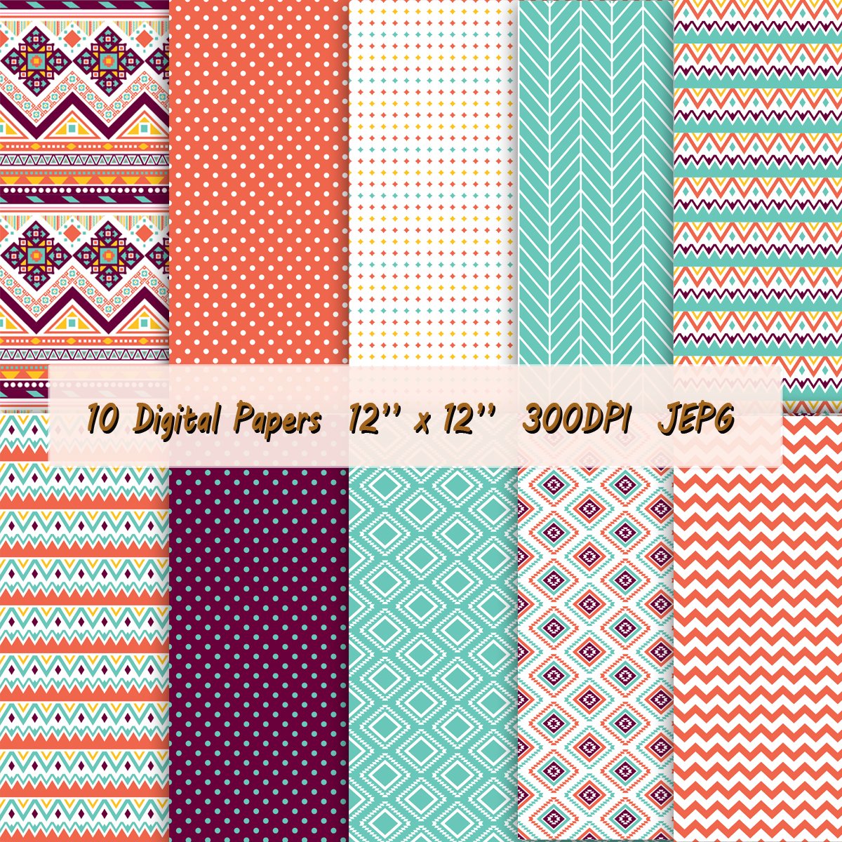 Digital Paper Including Aztec Patterns And Geometric Models In Vibrant Colors: Orange, Turquoise, Dark Brown And White