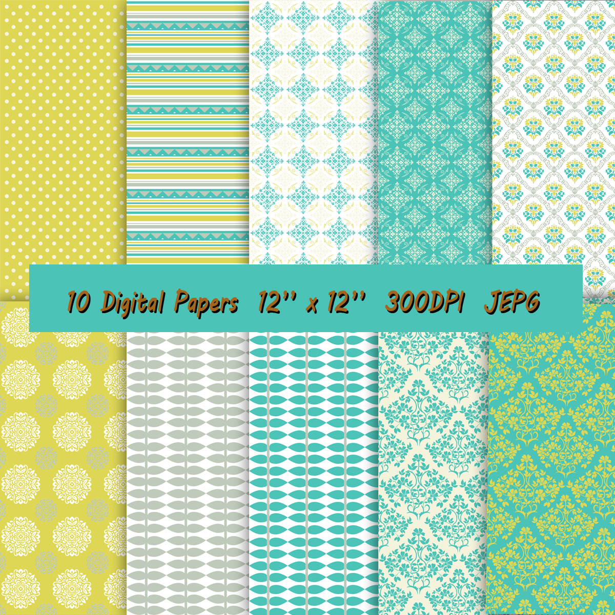 Digital Paper In Beautiful Combination Of Colors – Lime Green And Turquoise, White And Grey,florals And Leaves, Damask, Geometric And Dots