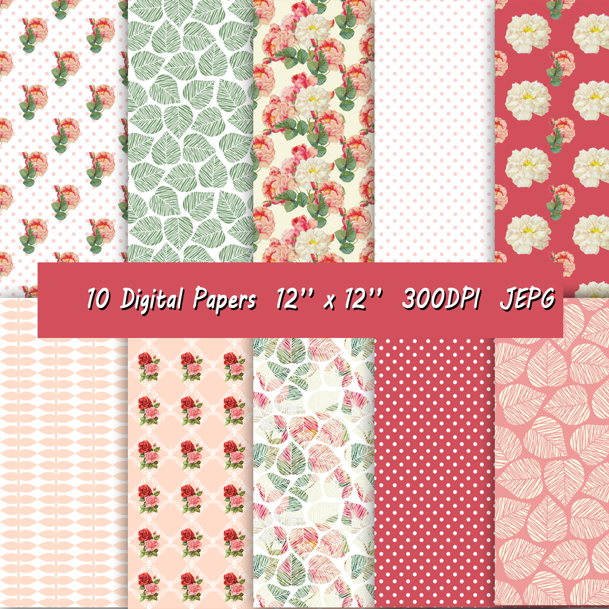 Digital Paper With Flower Pattern, Roses Background And Polkadots Print In A Beautiful Combination Of Coral, Pink And White.