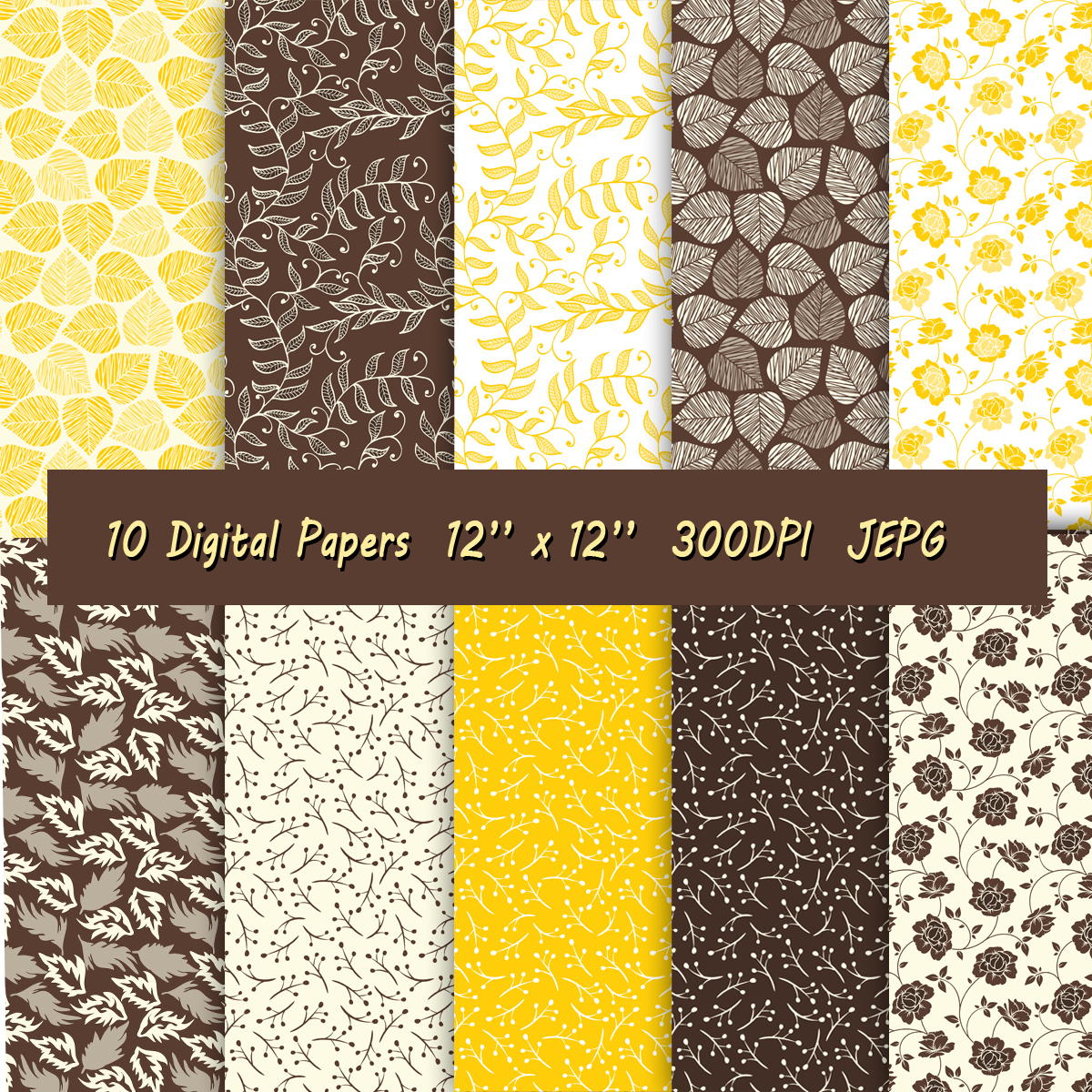 Digital Paper In A Beautiful Scrapbook Set With Yellow And Brown Patterns Featuring Flowers And Leaves