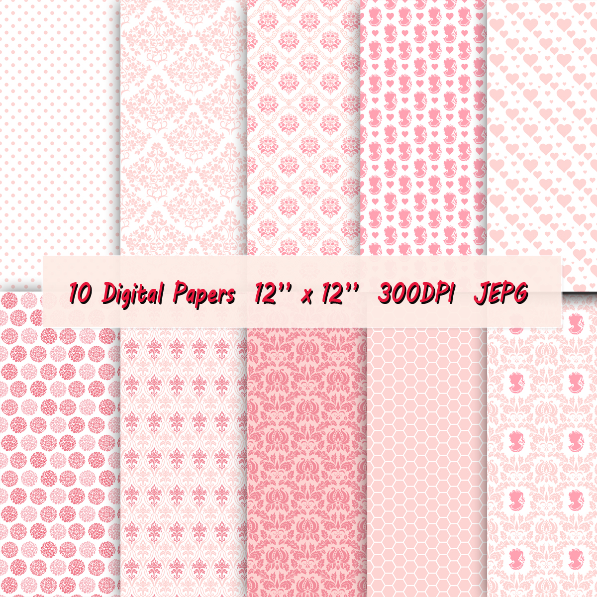Digital Paper For Scrapbook With Cameo Pattern, Hearts, Damask, Flowers And Honey Comb Background In A Lovely Shade Of Pink And Coral.